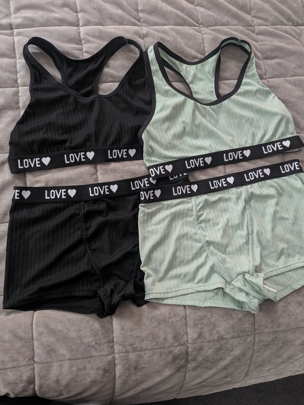 SHEIN 'LOVE' Ribbed Racerback Sleep Sports Bra & Short Set - Black & Mint